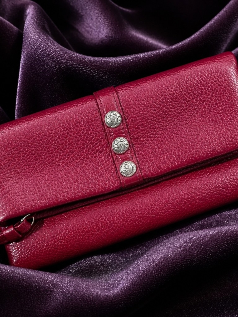 Brighton Red Burgundy Leather Fold-Over Clutch/Wallet with Silver Studs